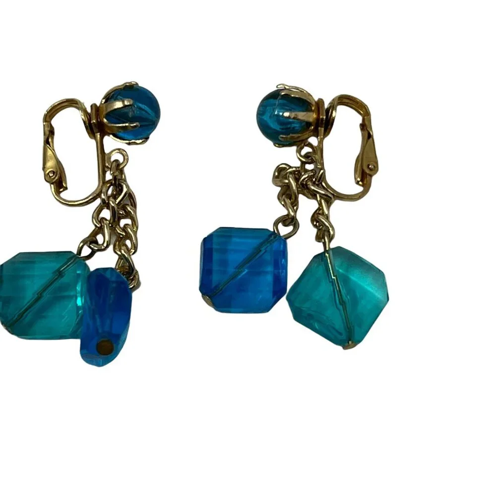 Vintage Earrings Blue Drop Bead Clip On Made‎ in Hong Kong